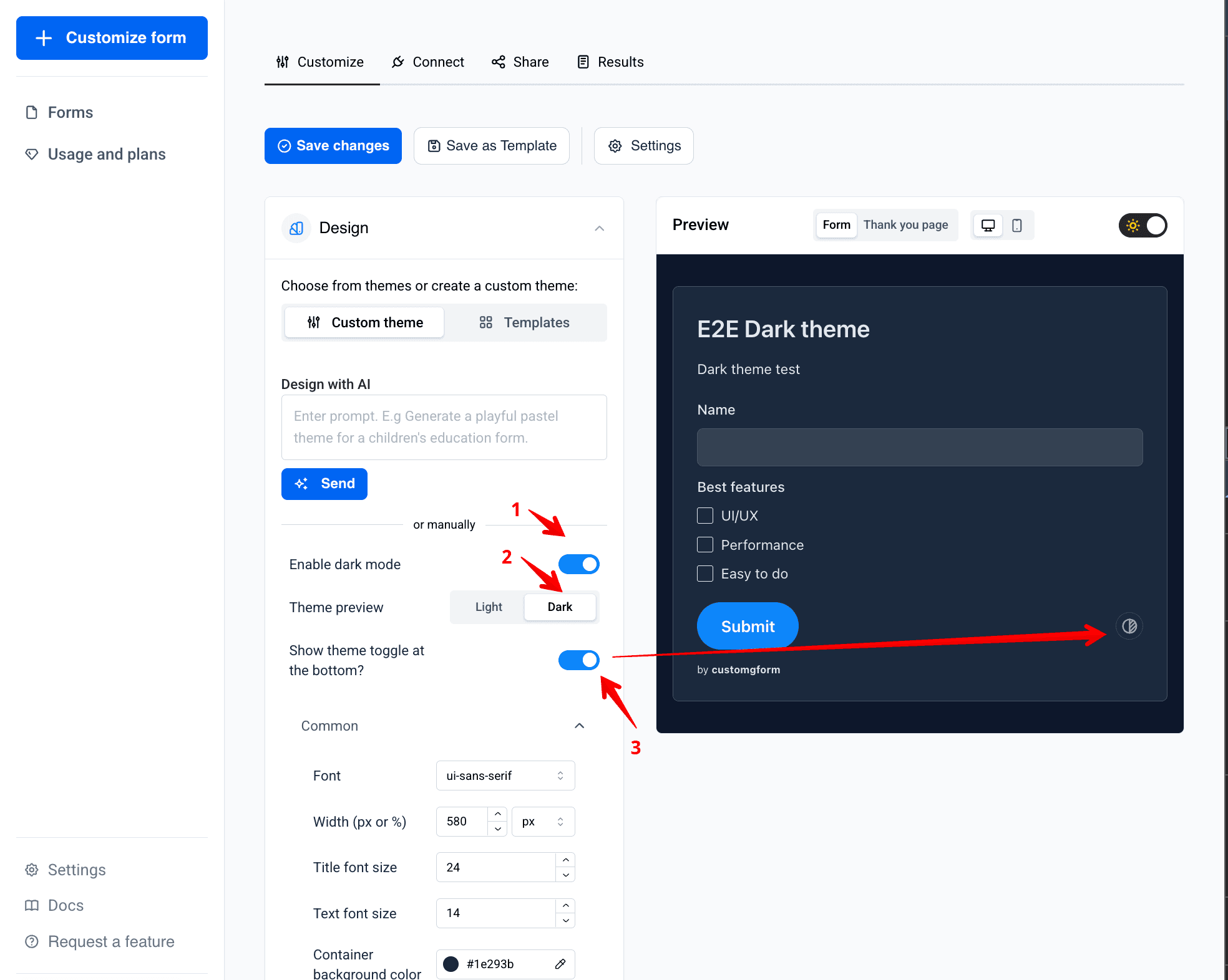 Dark mode controls in the CustomGForm customizer: the Enable dark mode switch, the Light/Dark theme preview, and the in-form theme toggle shown on a dark Google Form preview