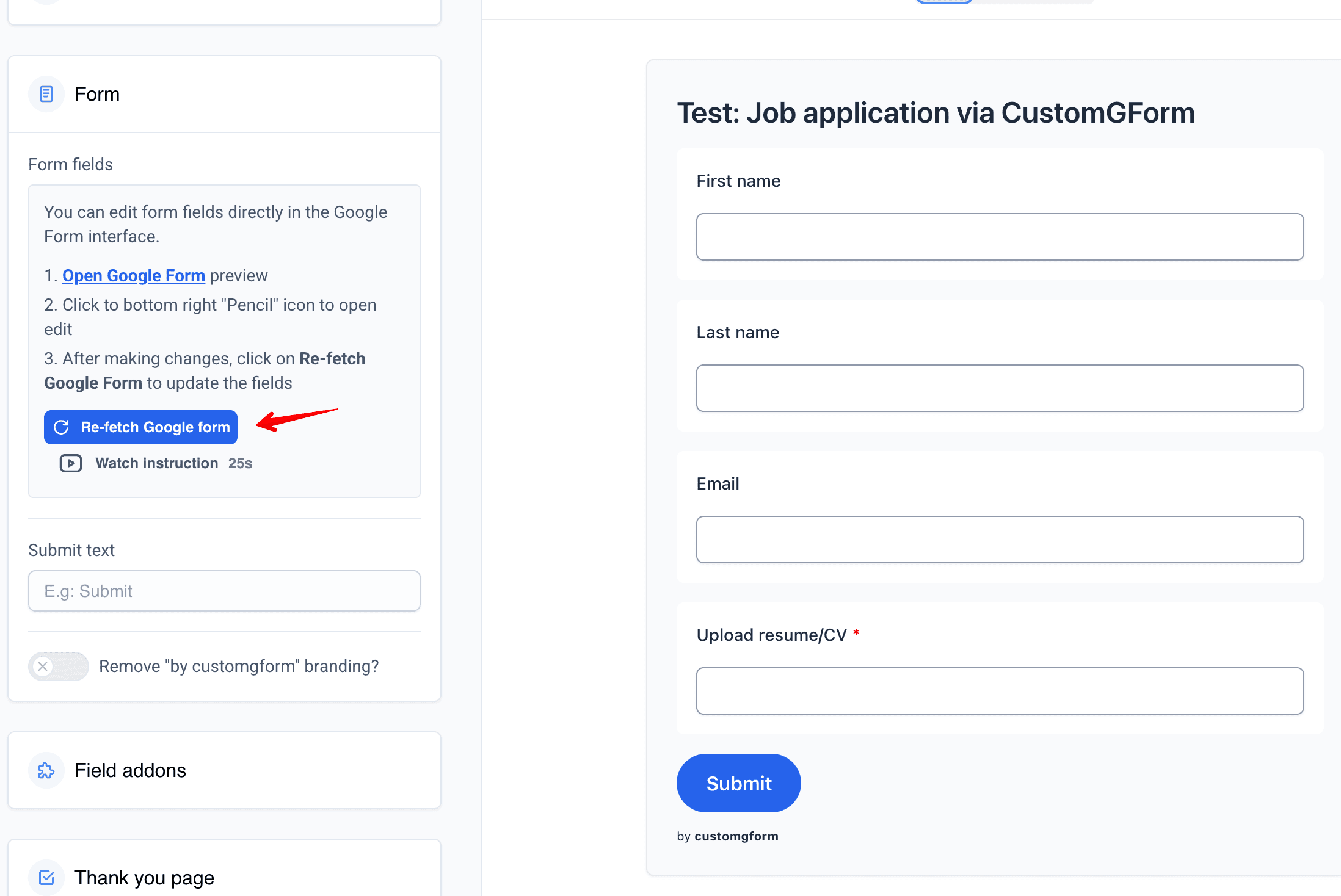 CustomGForm dashboard refetch Google Form action