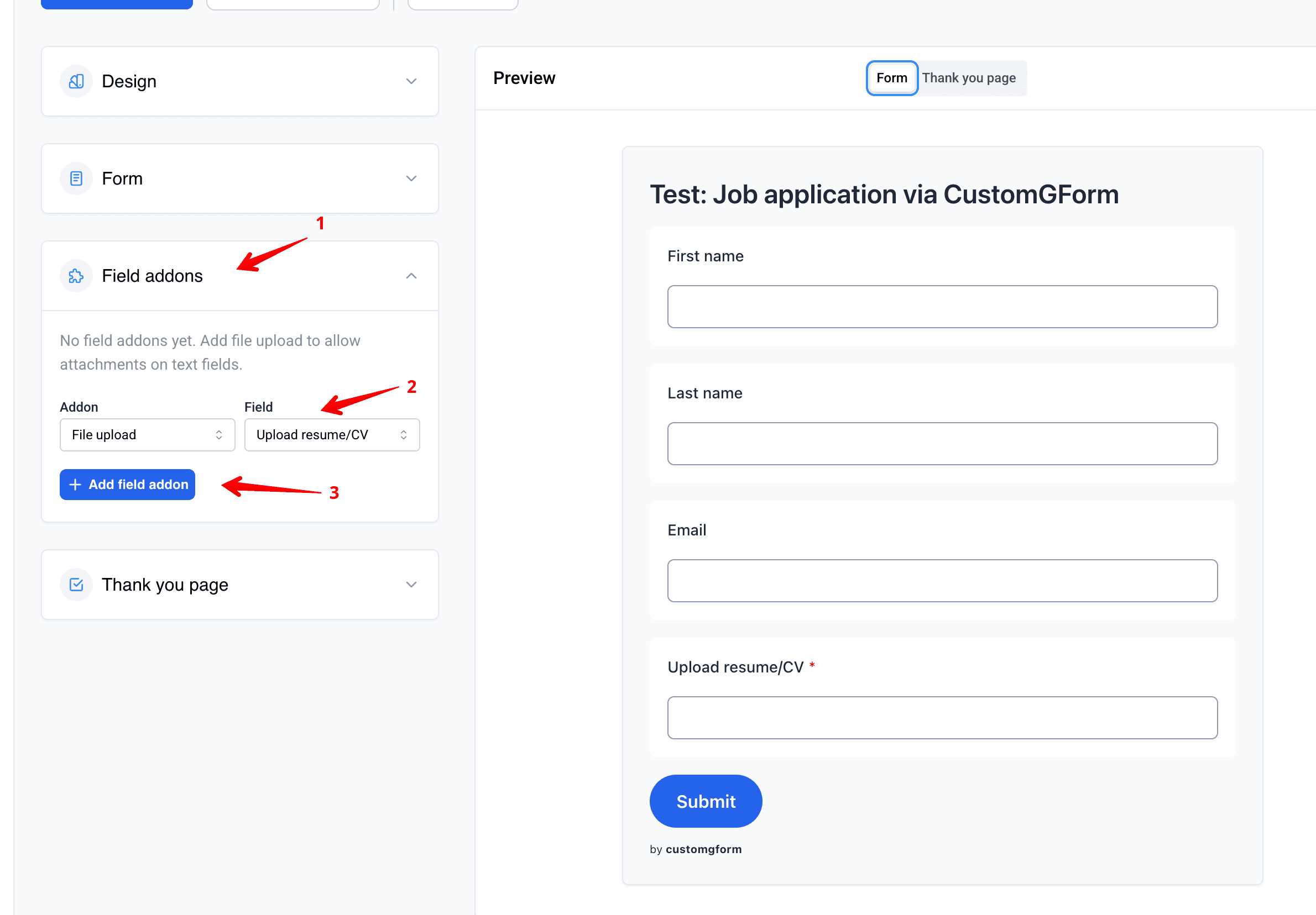 Field addons panel with File upload selected