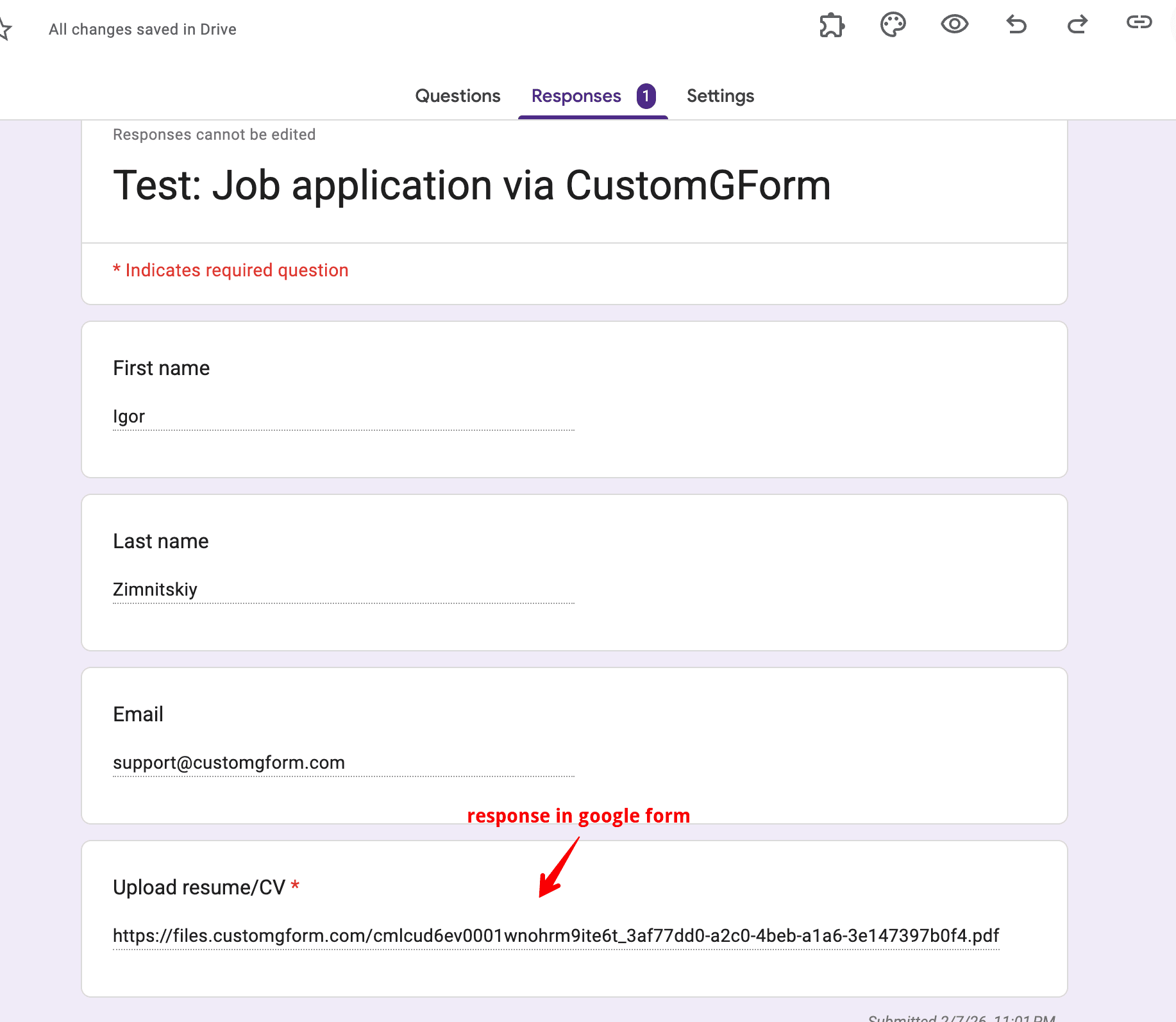 Google Forms Responses tab showing the same submission