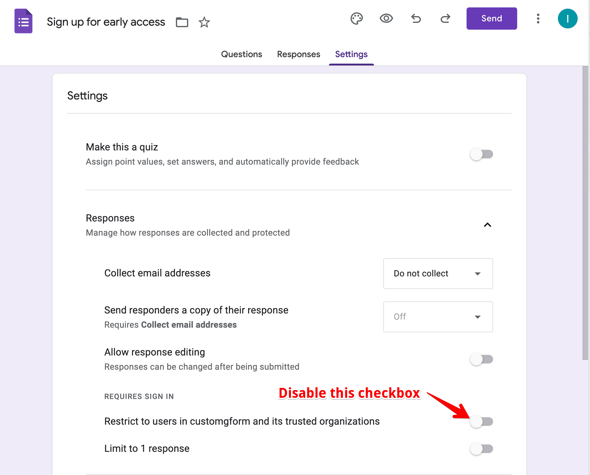 Disable Restrict to users checkbox