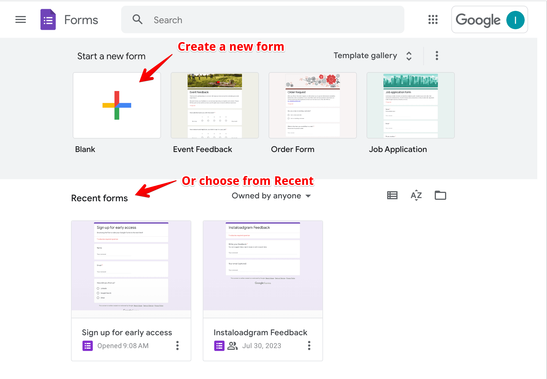 Create a new Google Form or choose from existing